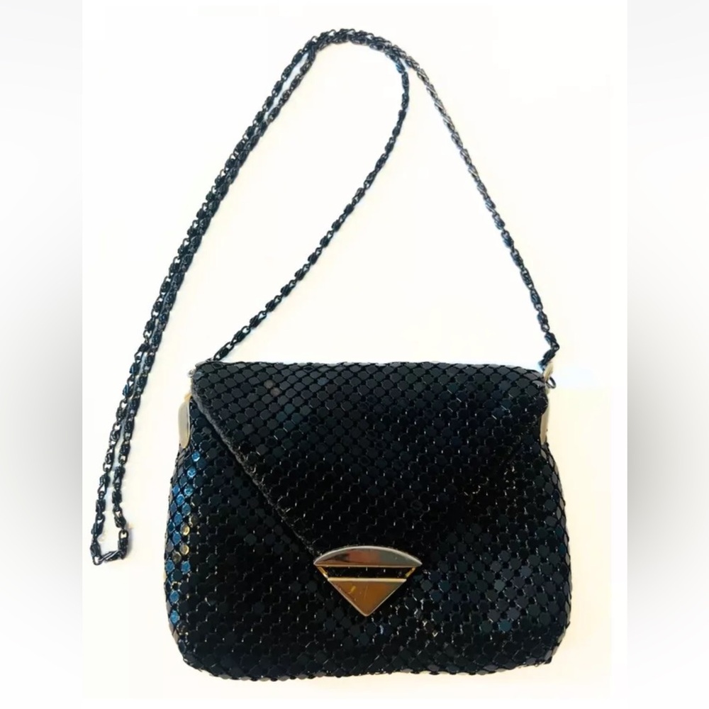 Vintage Milor Black Metallic Sequined Mini Evening Purse and Black Chain Strap